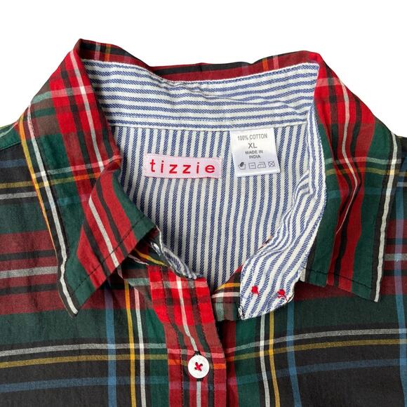 Tizzie Red Green Plaid Button Down Cotton Long Sleeve Striped Cuffs – XL - Picture 4 of 8
